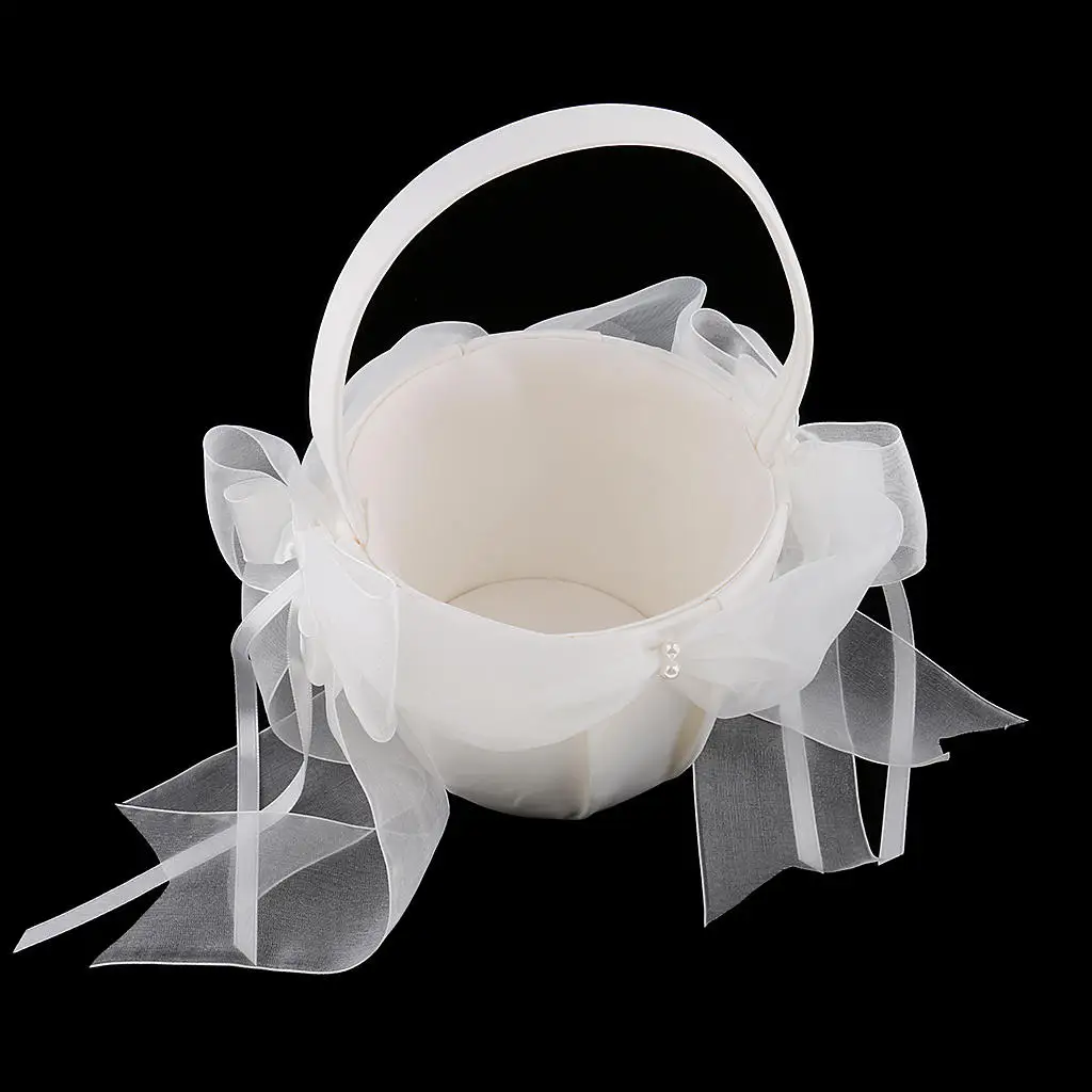 MagiDeal Beige Satin Flower Girl Basket Large Tulle Bow Wedding Party Supplies