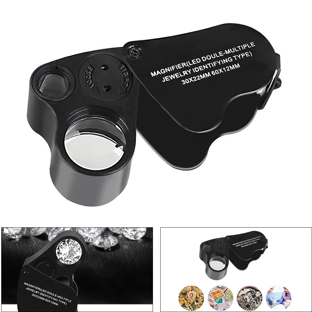 30X 60X Jewellers Loupe, Folding Jewellery Magnifier Eye Loop with LED Light, Magnifying Glass for Diamonds, Jeweller, Stamps