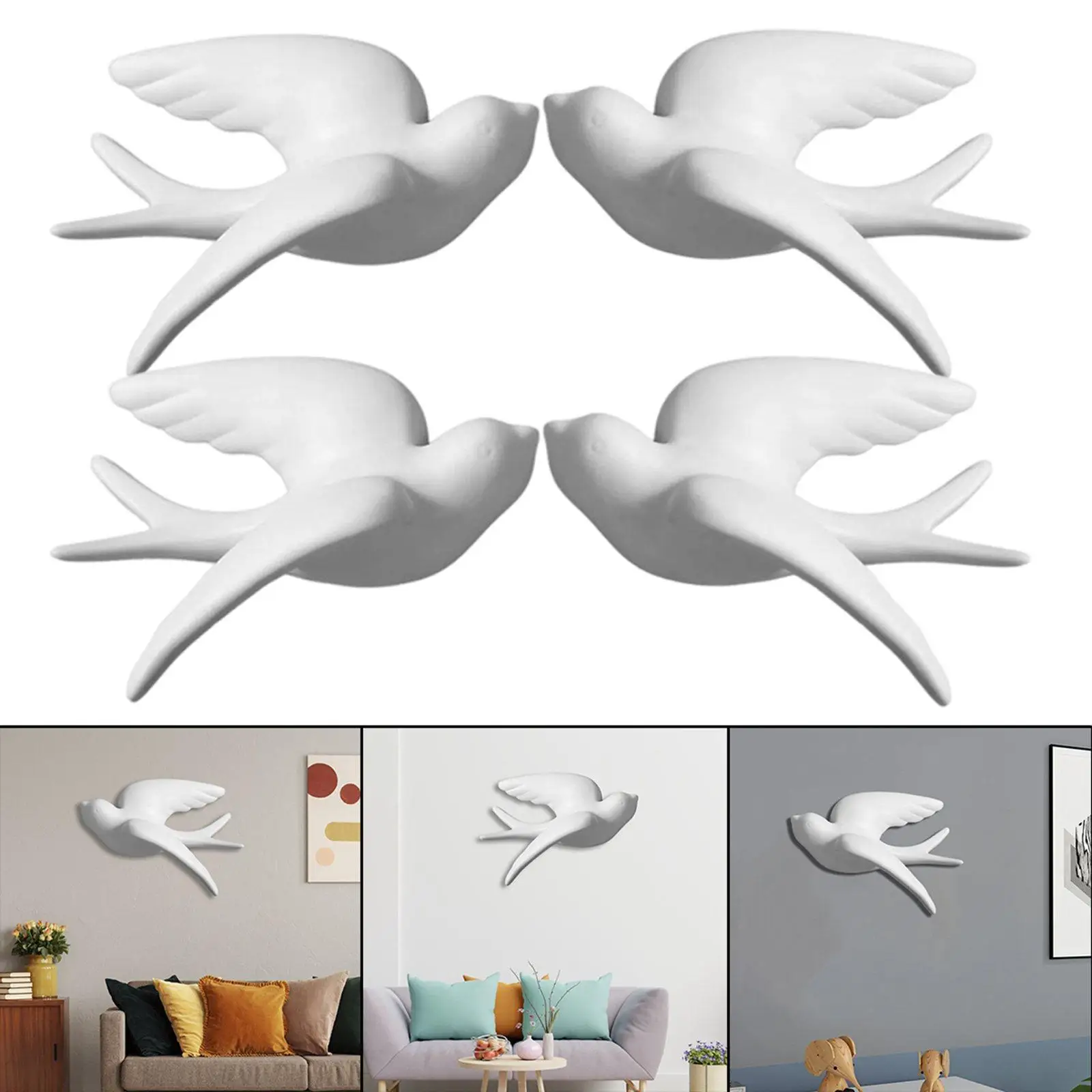 4Pieces Simplicity 3D Bird Sparrow Mural Wall Hanging Sculptures Decor Living Room Dining Office Garden Decorative