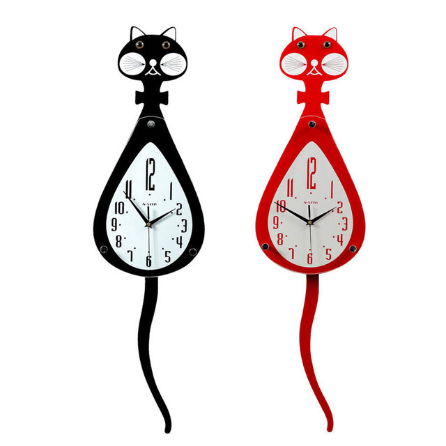 Non-Ticking Wall Clocks Cat Swing Tail Pendulum Clock With Wall