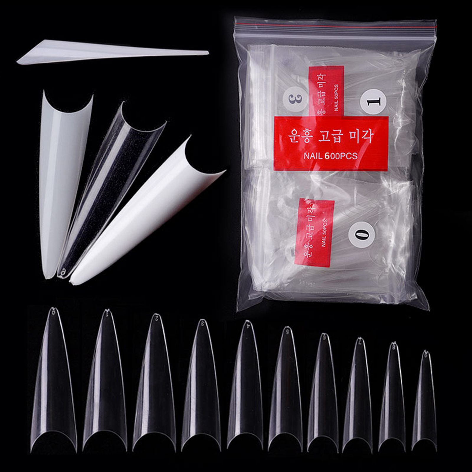 600 Stiletto Tips False Nail Full Cover Long Clear Natural White