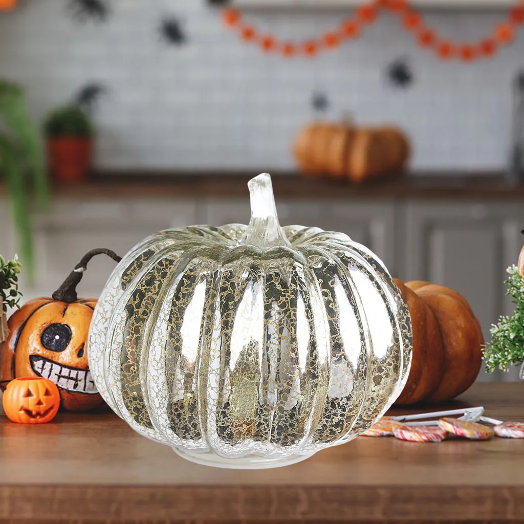 Glass Halloween Decoration LED Pumpkin Battery Operated Lantern Light Lamp Decorations for Home Dining Room Lounge Decor