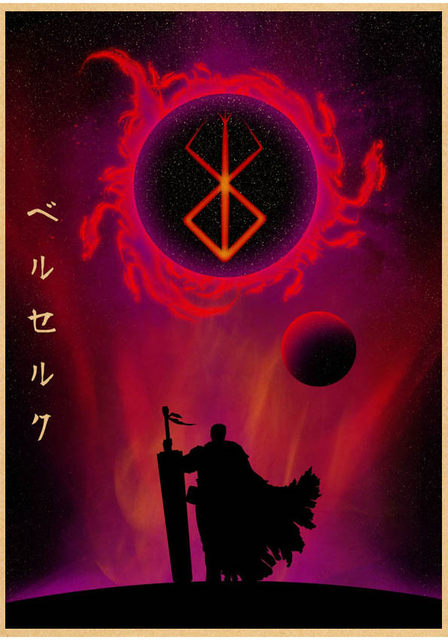 Poster japonês de anime berserk, adesivo de parede de decoração diverso  gatsu, papel kraft, impressão de