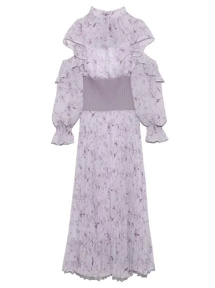 Kuzuwata Autumn New Vestidos Stand Collar Off Shoulder Flying Sleeves Threaded Slim Waist Pleated Print Dresses Sweet Women Robe
