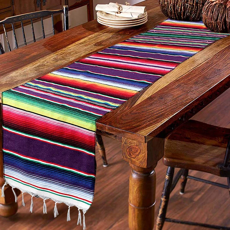 Fringe Cotton Serape Blanket Table Runner （Green 2 Pack 14 by 84 Inch Mexican Table Runner 14 x 84 inch Mexican Party Wedding Decorations 