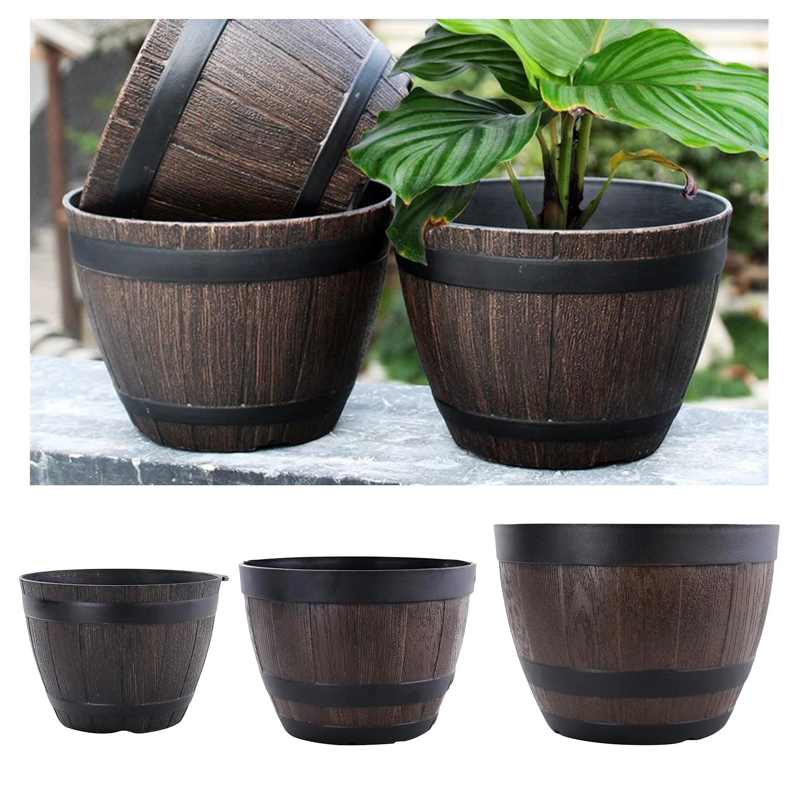 Rustic Barrel Resin Ornamental Flower Pot Flower Basket Plant Pots Planter For Home Garden Indoor Outdoor Decoration