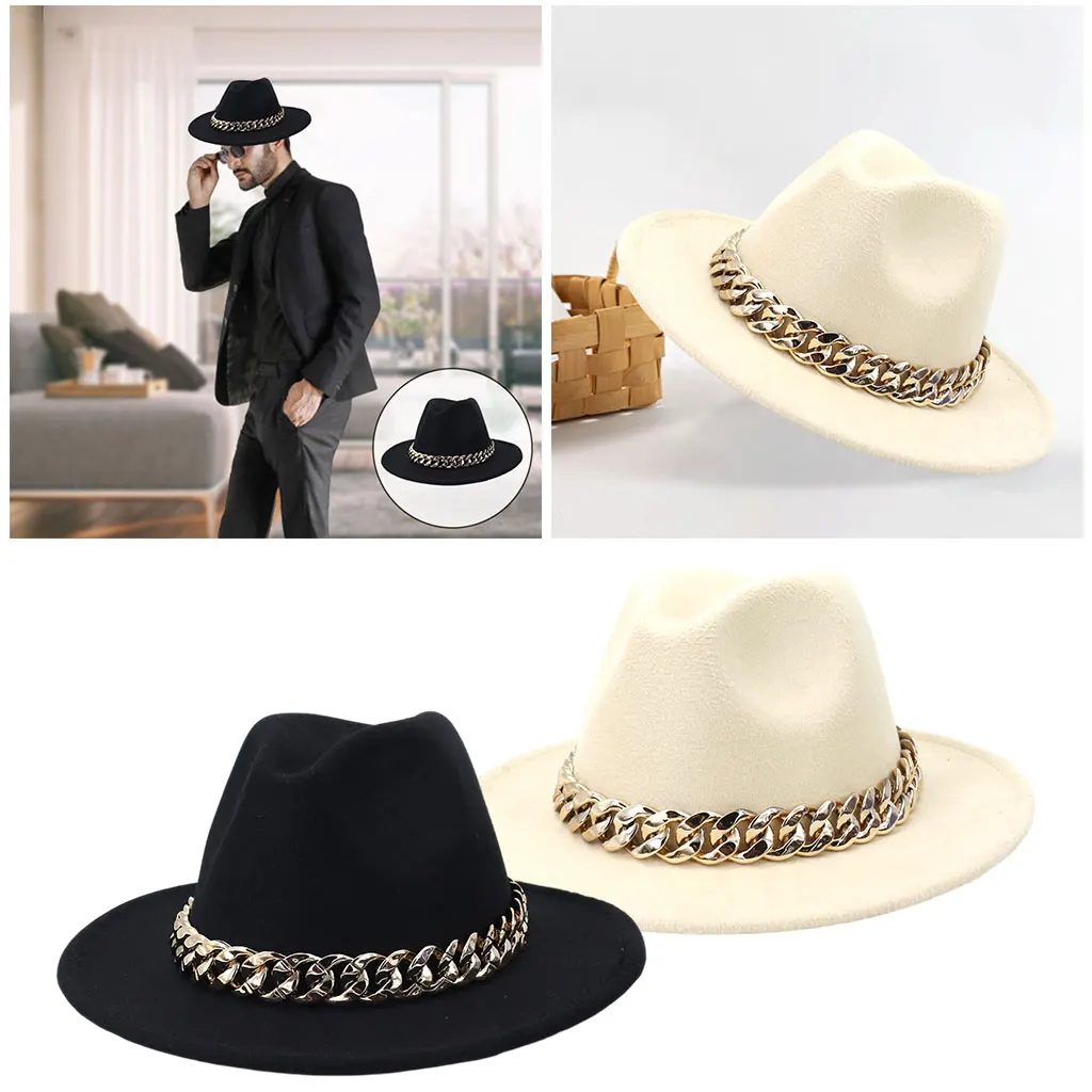 Fashion Wide Brim Fedora Hat with Chain Big Brim Luxury Hat Thick Flat Top Felt Jazz for Women Church Gentleman Outdoors Travel