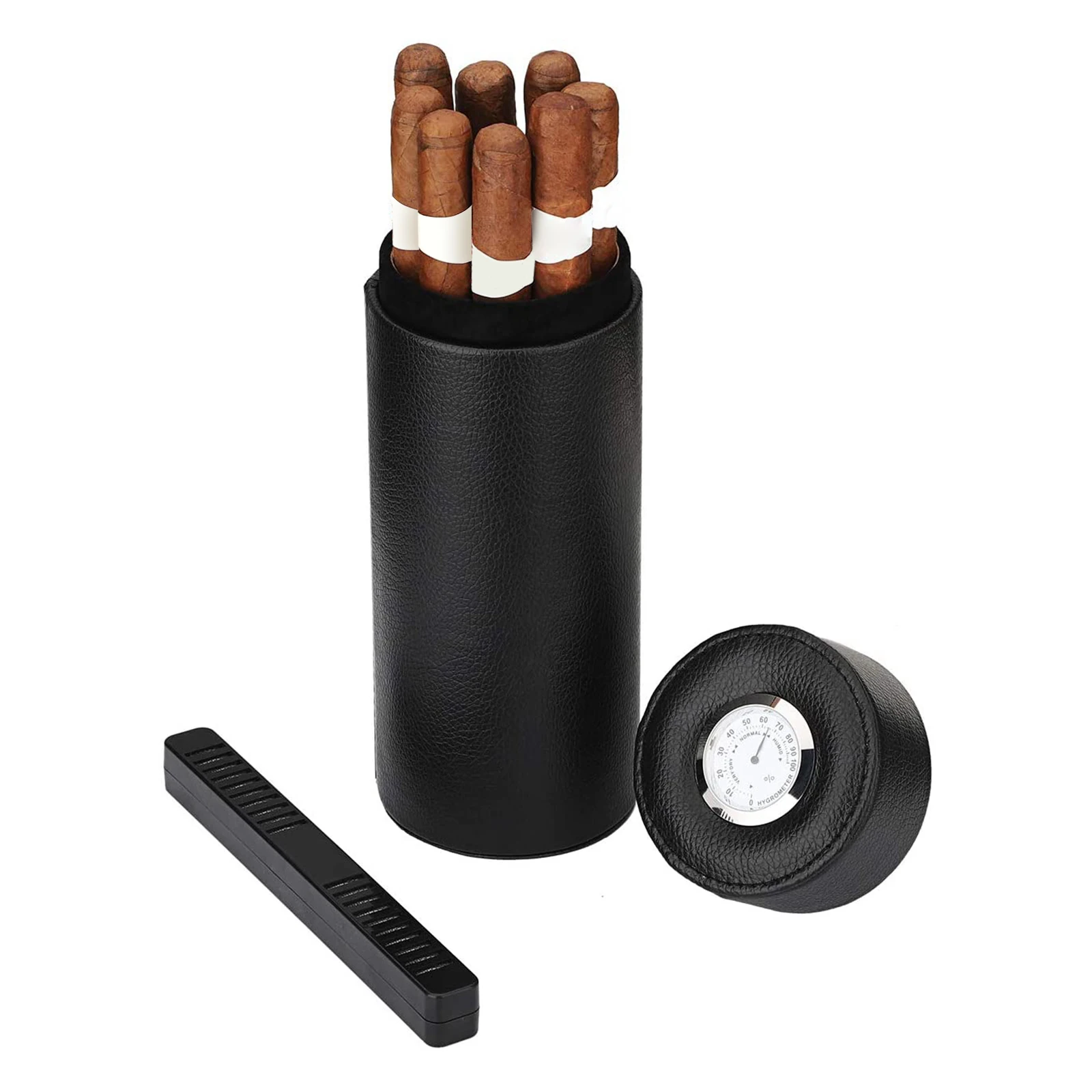 Leather Cigar Case Black Portable Travel Cigar Humidor Waterproof 5-8 Tubes Holder Humidifier Storage Carrying Case