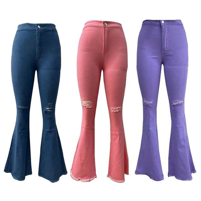 Womens Skinny Ripped Hole Bell Bottom Jeans High Waisted Colorful Flared  Pants Butt Lift Denim Trousers with Pockets