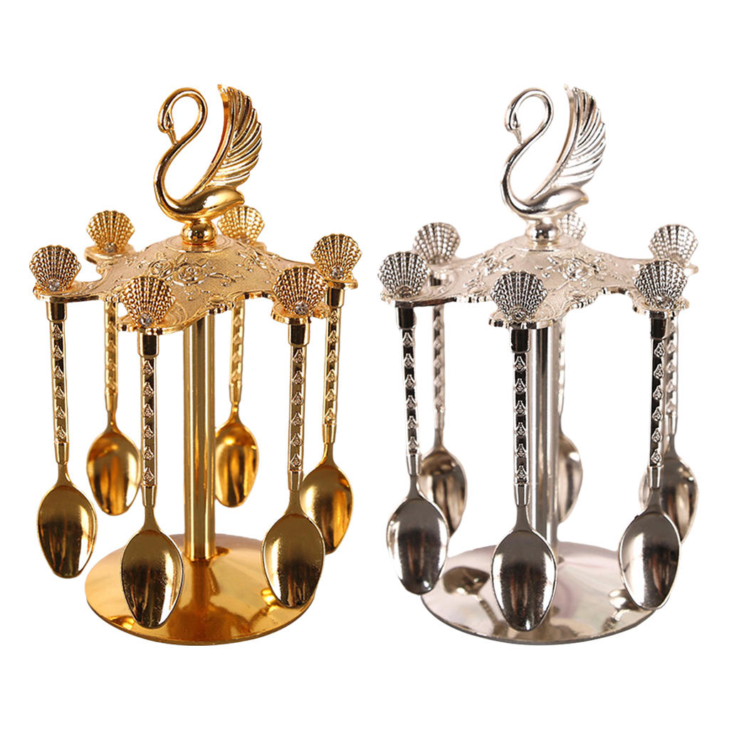 Metal Swan Base Holder and 6 Spoons Jam Spoons Kitchen Dinnerware Set for Stirring Sugar Dessert Ice Cream Coffee