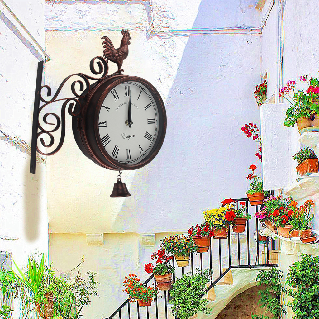Metal Double Sided Wall Clock Decoration Indoor Outdoor Decorative Wall Hanging Station Clock Round 360° Rotation Clock