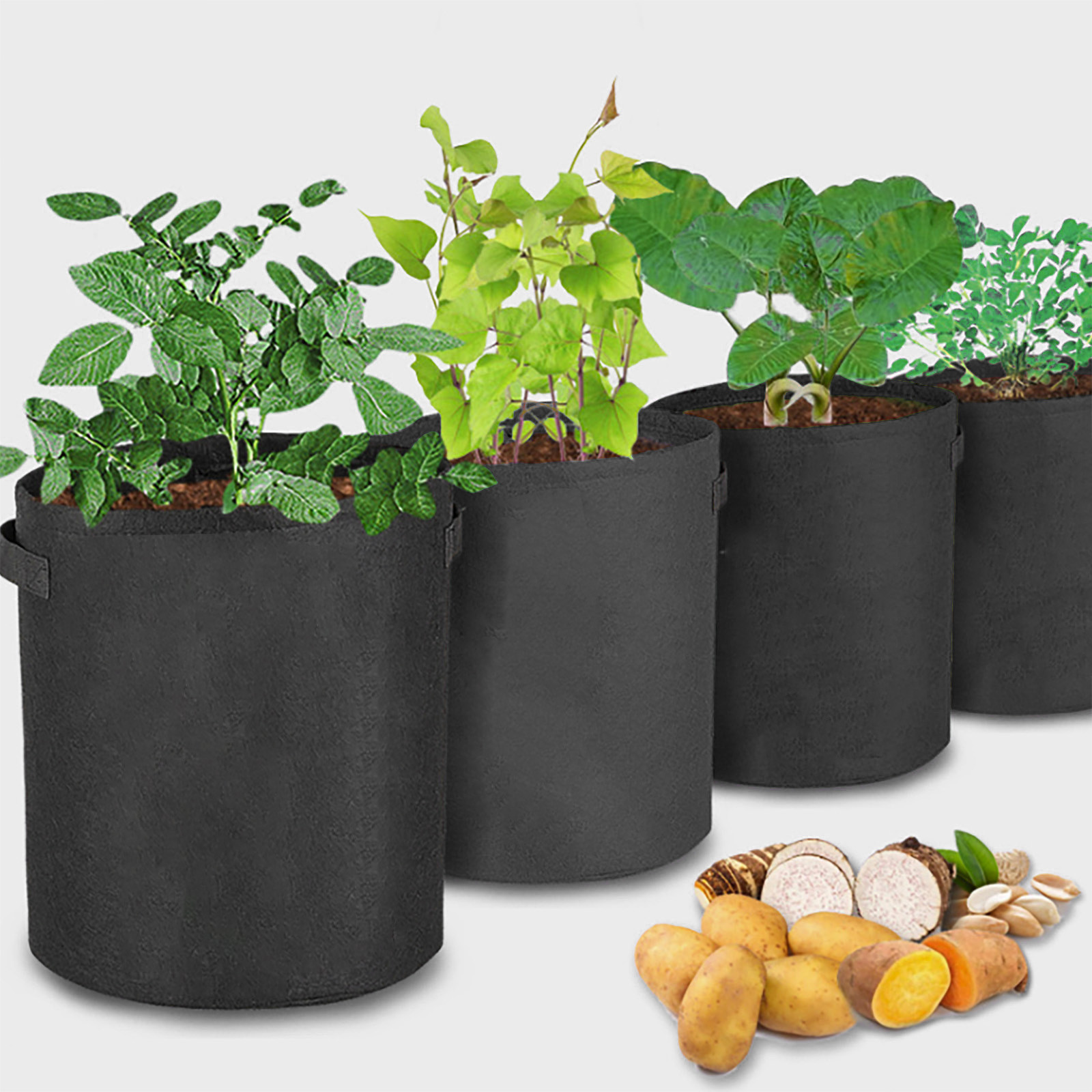 Lot De 5 Pots En Tissu Pour Plantes, Pot Carré En Tissu Aéré Avec Poignées, En Feutre Non Tissé, Conteneurs D'épaisseur Moyenne Pour Plantes D'intérieur De Jardin, Noir, 50 L