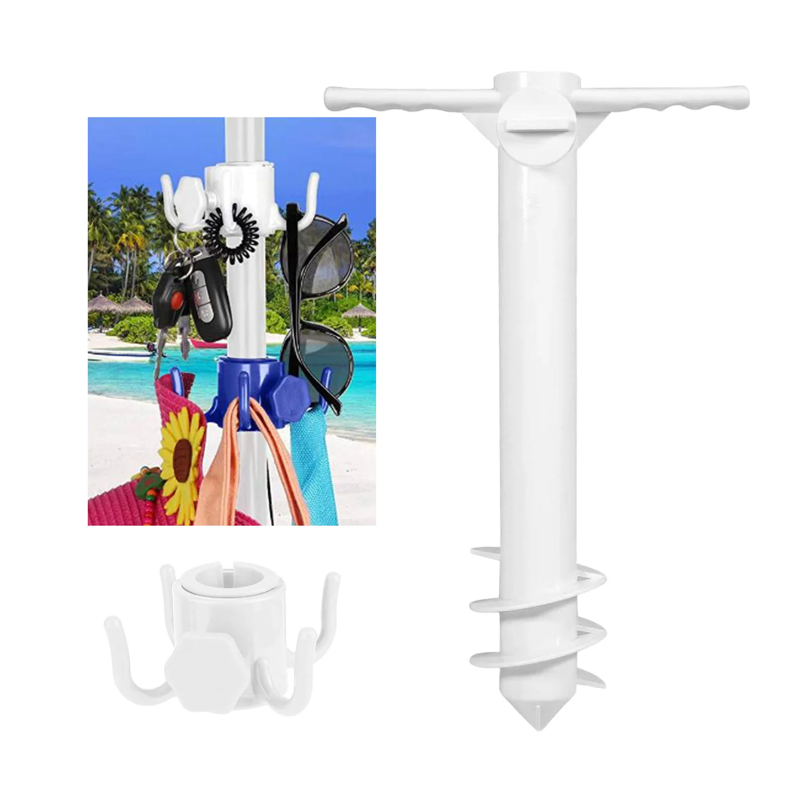 Beach Umbrella Sand Anchor, Umbrella Groud Spike with Hanging Hook, Umbrella Screw Holder Stand