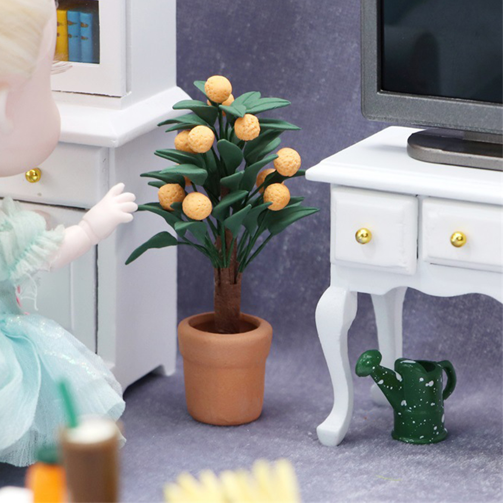 1/12 Doll House Crafts Miniature Citrus Tree Ceramics Flowerpot Resin Orange Creative Planter Model Ornaments Accessory