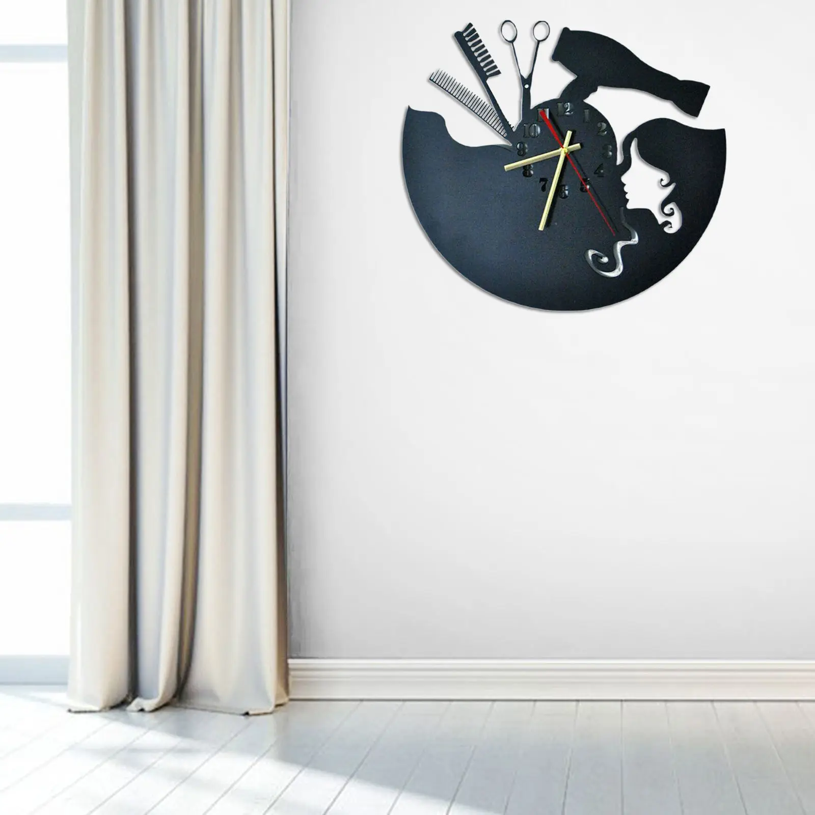 Hairdresser Wall Clock Silent Non Ticking Black for Art Decorations Classroom Home Office