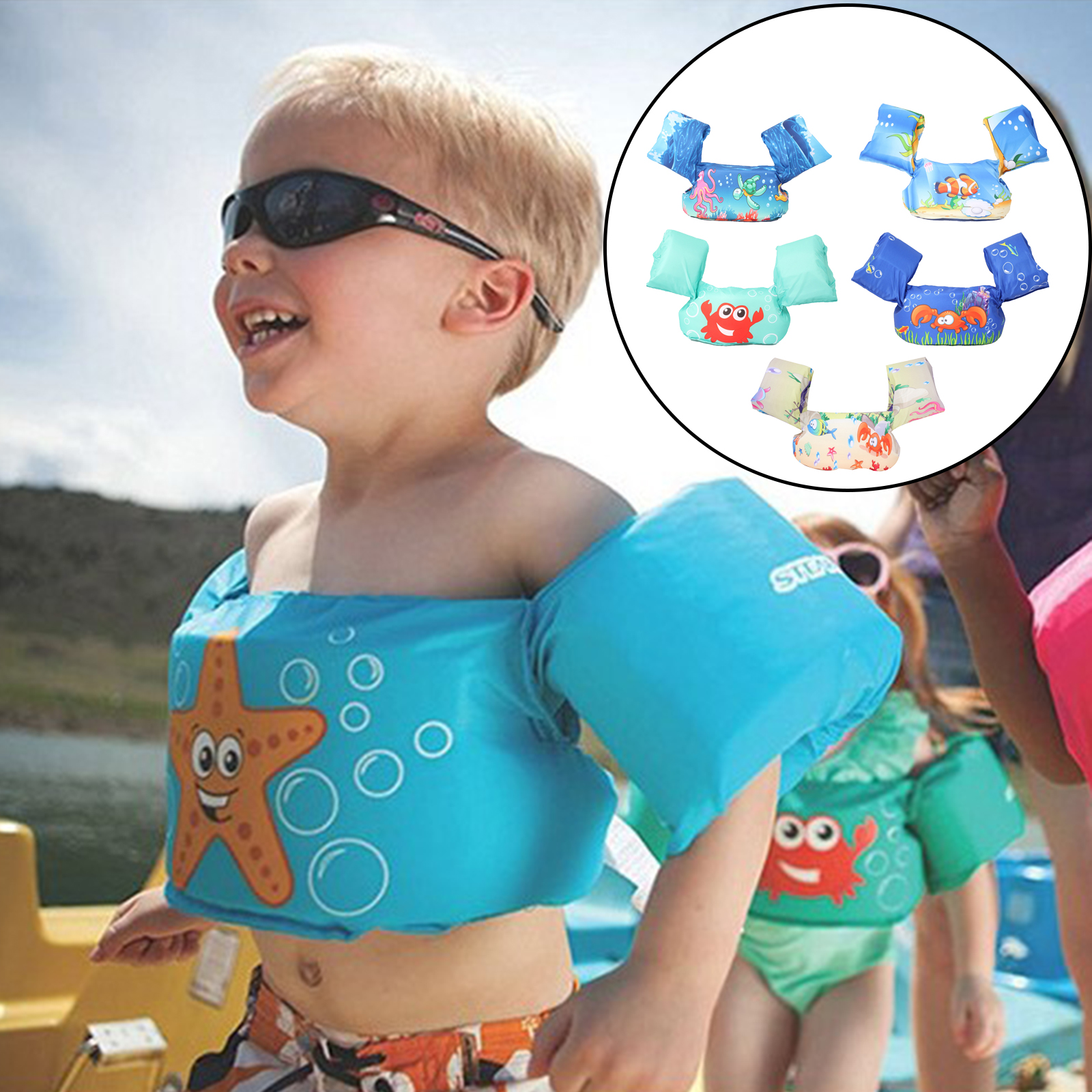 Cartoon Kids Swim Vest with Shoulder Harness Arm for 10-30Kg Toddler