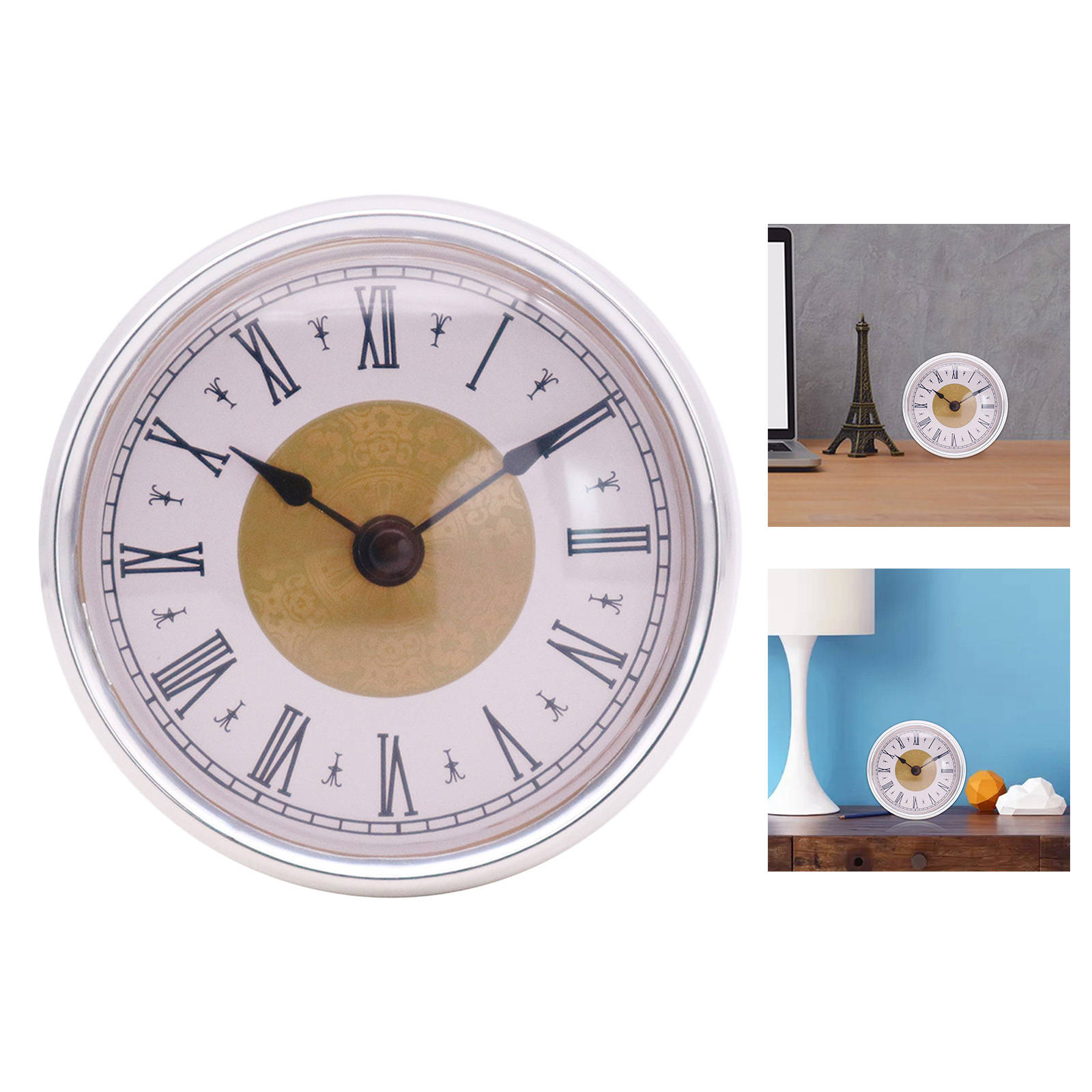 Round Quartz Clock Insert with Gold Flower Black Font Clock Face Roman Numerals