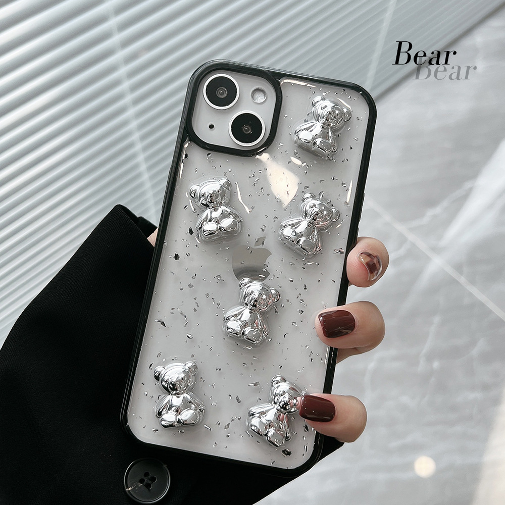 Retro kawaii silver foil bear transparent Phone Case For iPhone 13 11 12 Pro Max Xs Max XR 7 8 Plus X 7Plus case Cute Soft Cover
