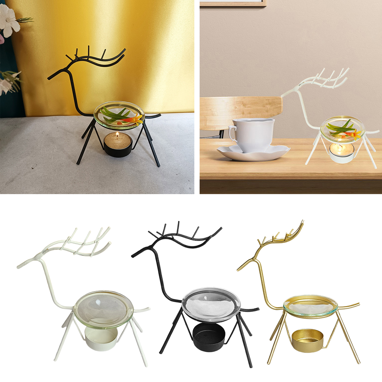 Metal Deer Statue Decorative Tealight Candle Holder Essential Oil Burner Scented Wax Melt Warmer Aroma Diffuser Home Accents