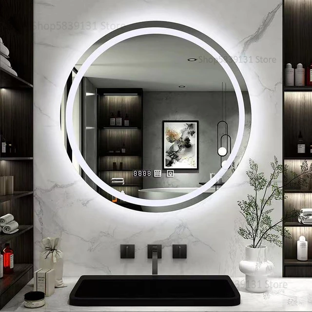24 Inch Round LED Lighted Bathroom Vanity Mirror with Shelf, Touch