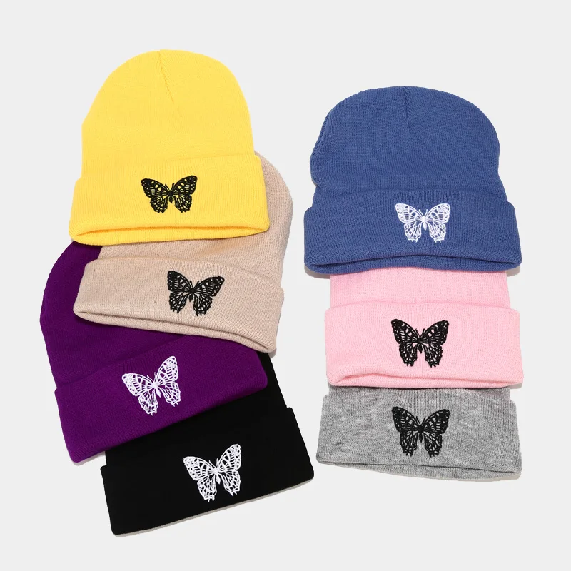 Fashion Knitted Beanies Hat Butterfly Embroidery Winter Warm Ski Hats Skullies Caps Soft Elastic Cap Sport Bonnet Men Women mens skully