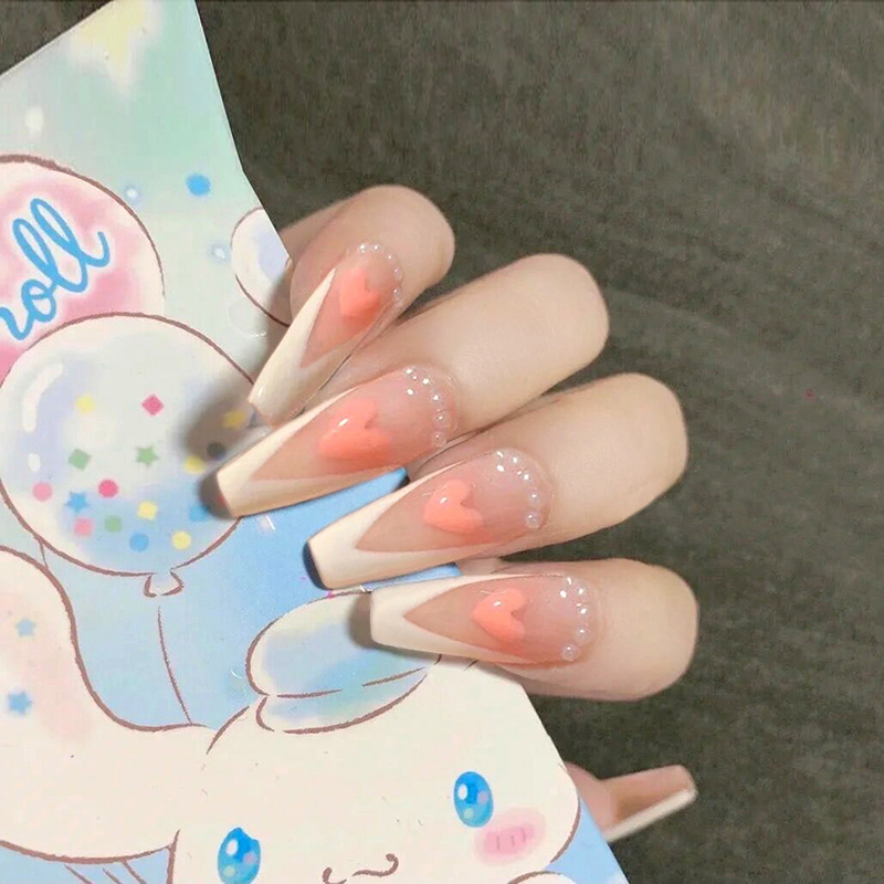 Imprensa com Cola Pces Falsa Naisl Amor Coração Impresso Unhas Remendo Cobertura Completa Longo Pontophwearable Terminado Falso Prego 24 2 longo pontophwearable terminado falso prego remendo