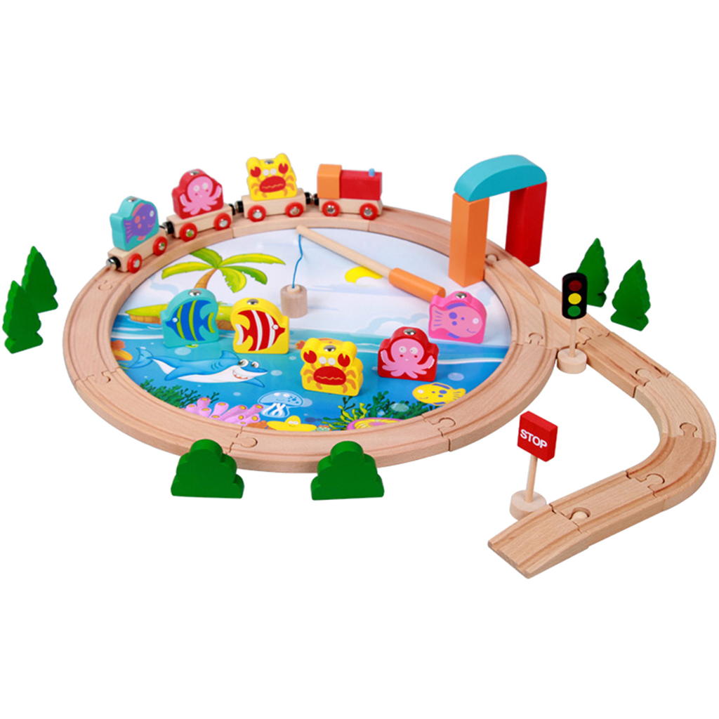 Wooden Train Fishing Game Playset with 8 Fishes And 1 Pole, Educational Toy