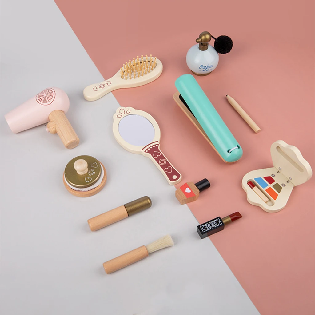 13x Kids Vanity Salon Makeup Kit Beauty Funny Simulation Nail Polish Brush Lipstick Blush Comb Wooden Cosmetic Play Set