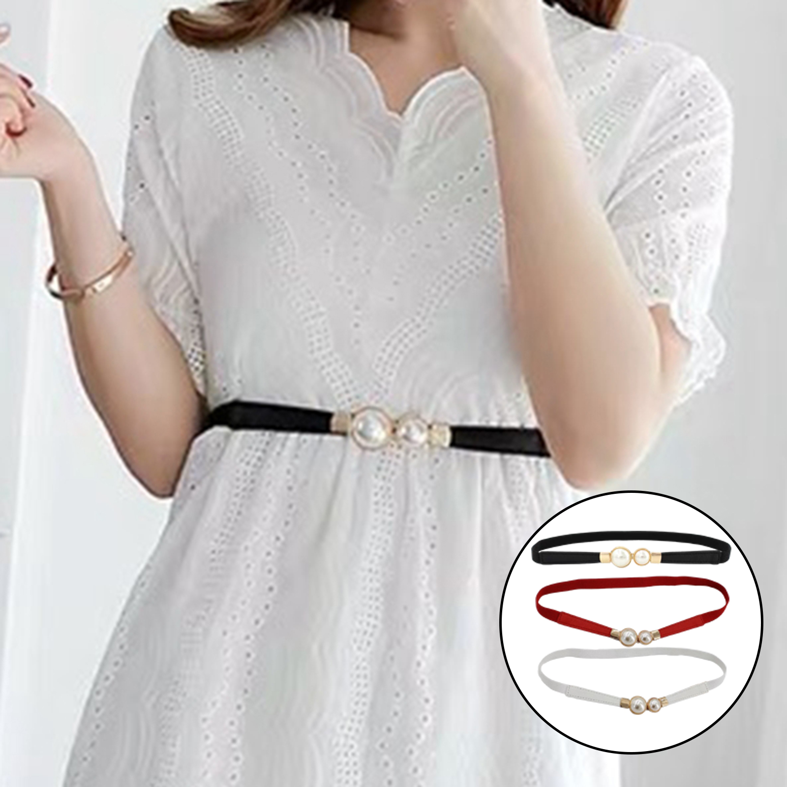 Women Double Pearl Belt PU Leather Dress Skirt Waist Elastic Thin Belts Ladies Waistband Female Designer Waistband