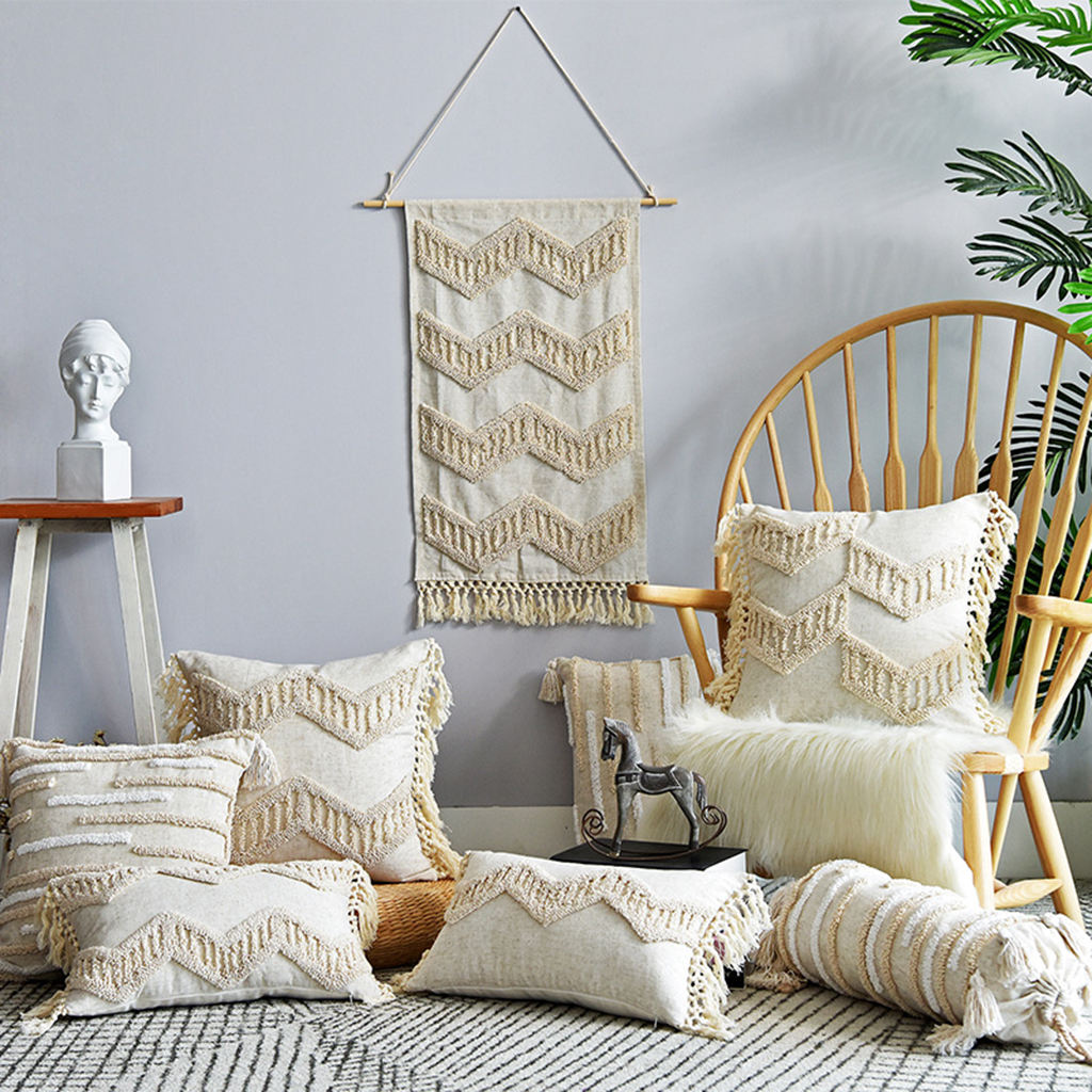 Decorative Throw Pillow Covers Cotton Tassel Bed Bedroom Rectangle Square Cushion Cover Tufted Woven Pillow Case Decoration
