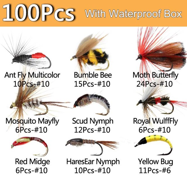 60pcs Fly Fishing Dry Flies Wet Flies Assortment Kit with Waterproof Fly  Box for Trout Fishing