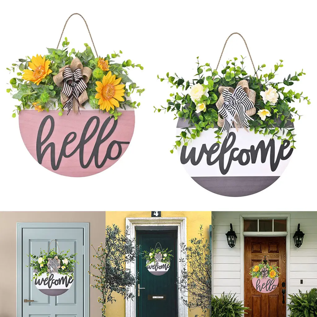 Welcome Sign with Bow-knot Front Door Flower Wreath Artificial Leaves Wedding Spring Summer Outdoor Indoor Wall Farmhouse Decor
