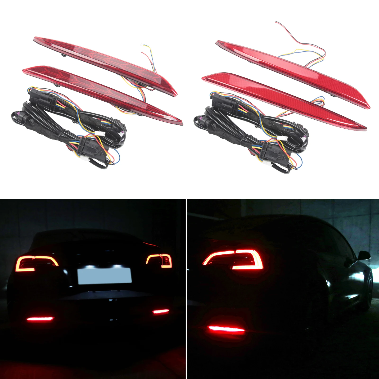 2Pcs Rear Fog Bar Light LED Rear Bumper Turn Signal Brake Light Compatible for Tesla Model 3 2016-2021 Trim Frame Red