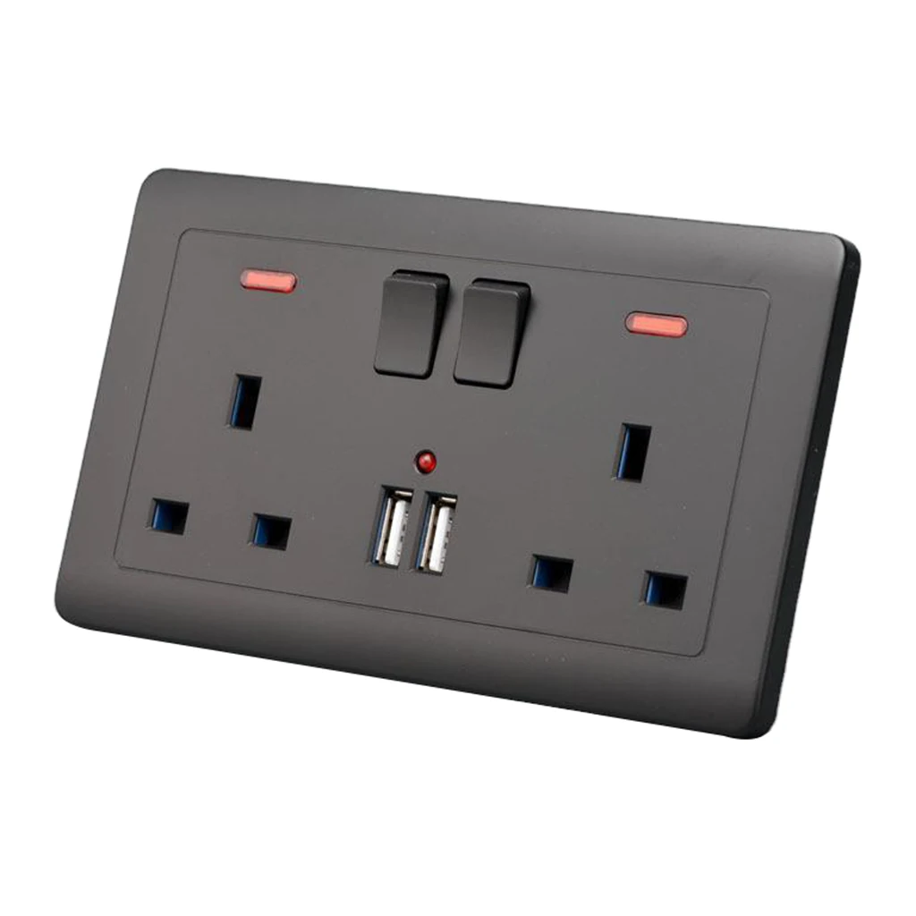 Double Wall UK Plug Socket 2 Gang 13A with 2 USB Charger Outlets, Black