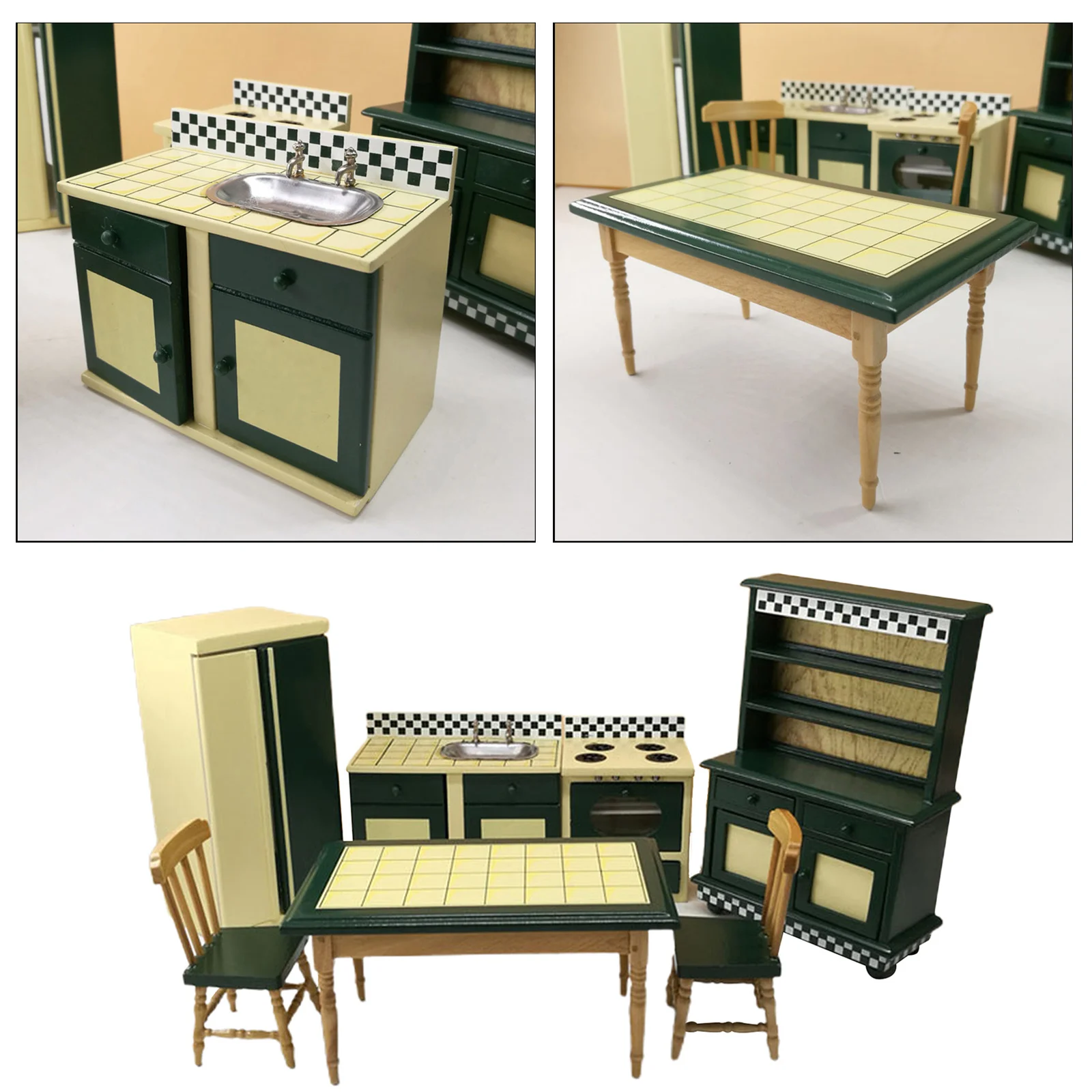 Dollhouse Miniature Wood Kitchen Cabinet Cupboard Refrigerator Table Set
