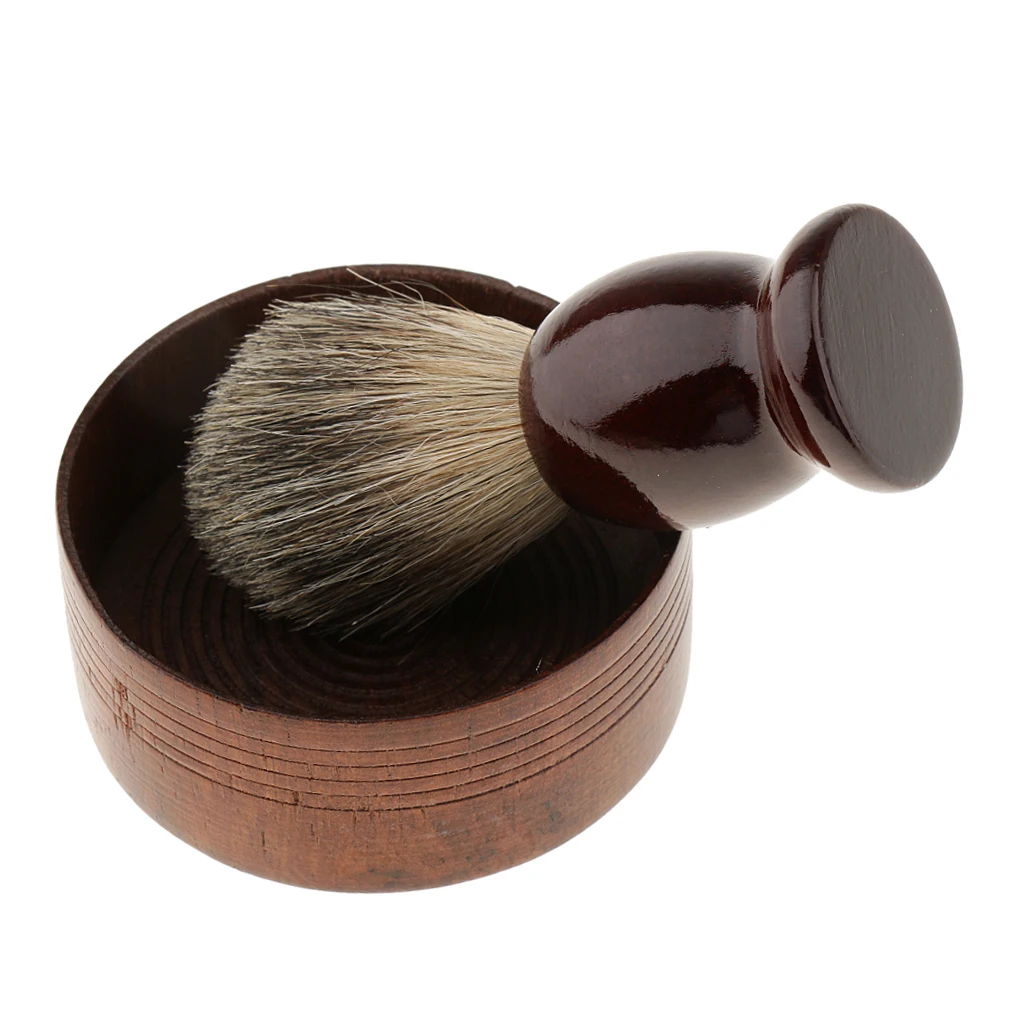 2 Pieces Wooden Shaving Set Brush W/ Wood Shave Soap Bowl for Men