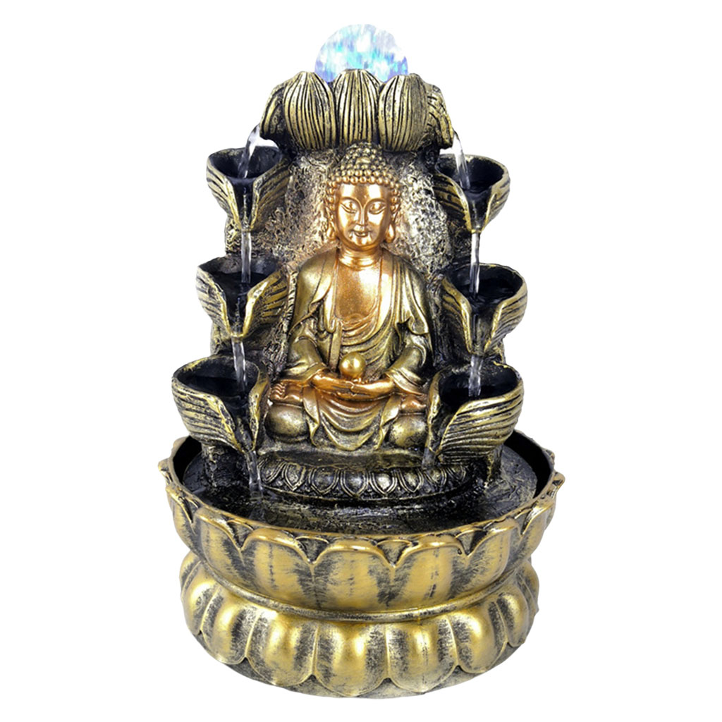 Home Decorations Resin Flowing Water Waterfall Led Fountain Buddha Statue Lucky Feng Shui Ornaments Landscape Decor