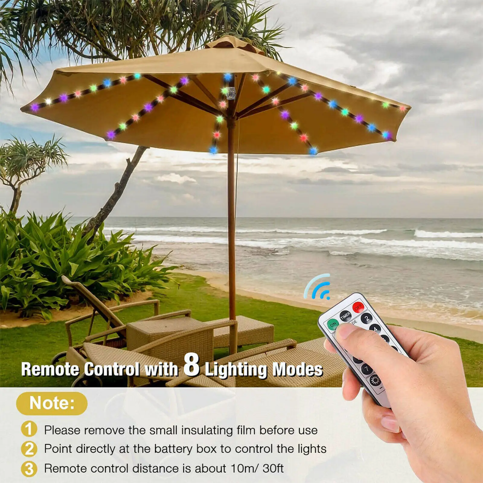 Beach Umbrella Parasol String Light 104 LED Camping Tents Umbrella Pole Fairy Light with Remote Control Outdoor Lighting