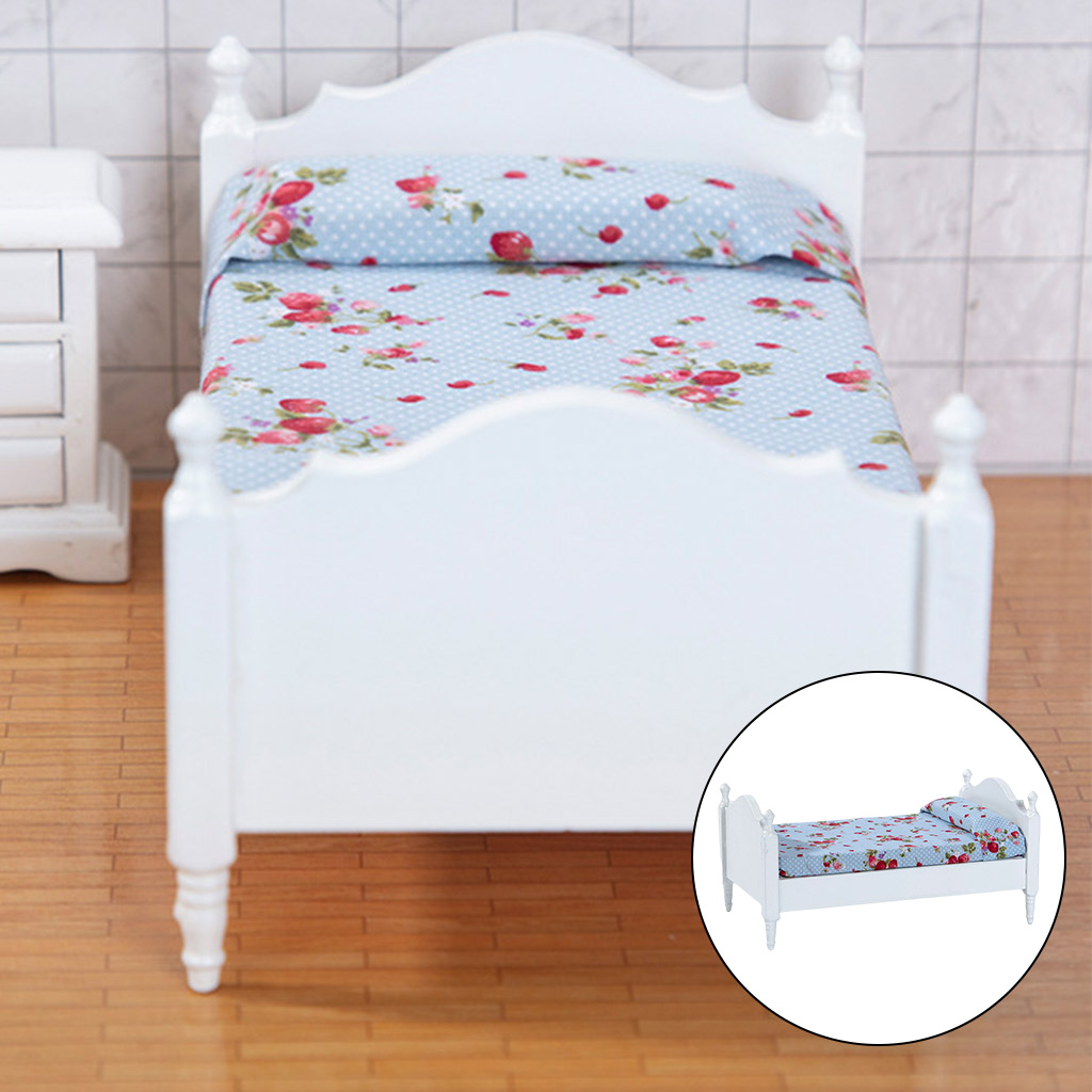 1/12 Miniature Dollhouse Bed Dollhouse Furniture Kids Toys Mini Baby Bed Set Miniature