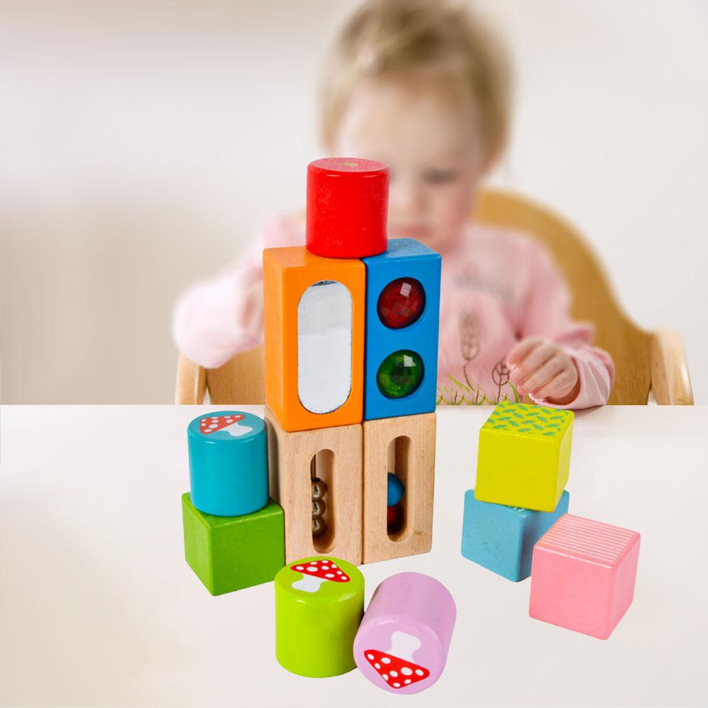 12 Pieces Wooden Stacking Blocks Sound Toys Color Cognition Brain Teasers Hand-Eye Coordination Building Blocks for Children