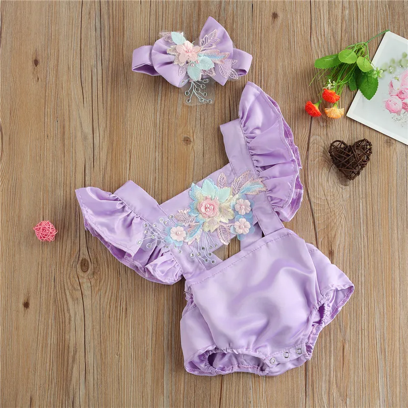 Princess Summer Infant Baby Girls Rompers Newborn Baby Girls Appliques Flower Jumpsuits Ruffles Backless Toddler Baby Clothing Baby Bodysuits expensive
