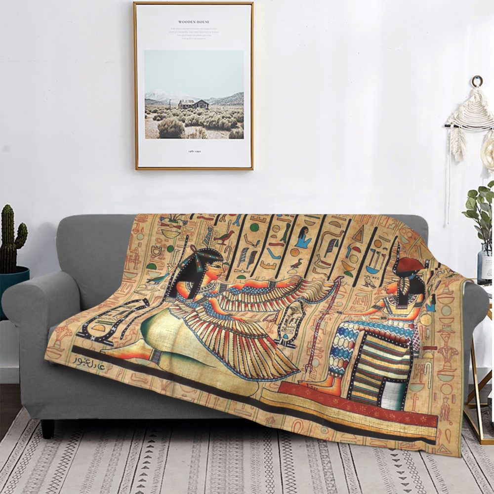 Egyptian Murals Throw Blanket Fleece Blankets Plush 145x200 Cm 【残りわずか】
