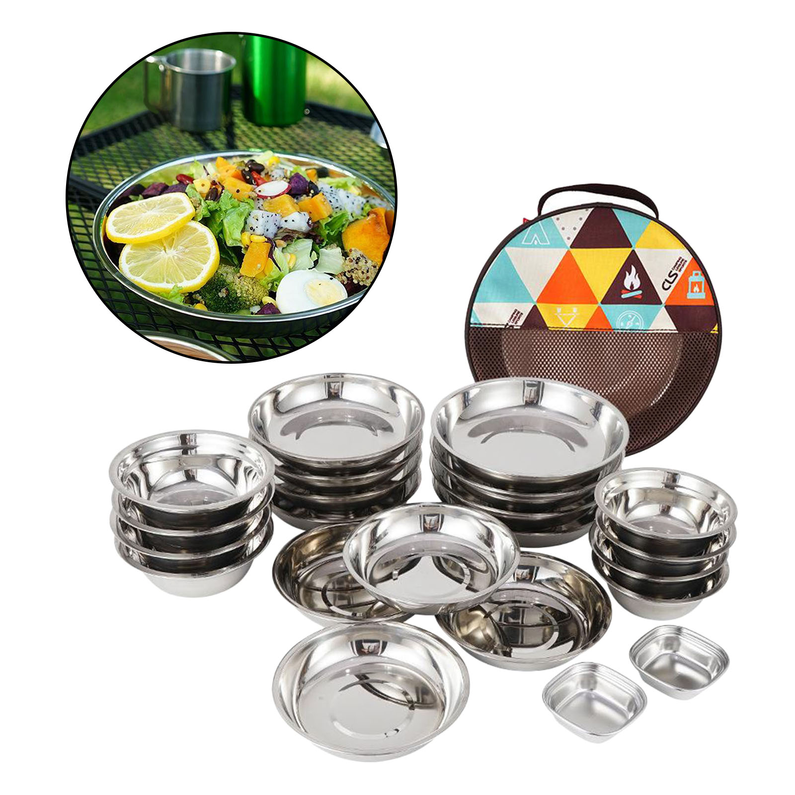 22Pcs/Set Camping Stainless Steel Dinner Dish Plate Durable Outdoor Picnic Tableware Salad Bowl Food Container