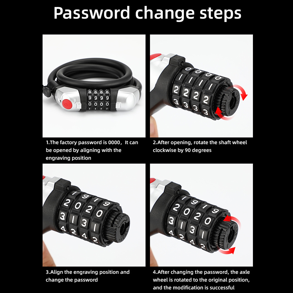 Bicycle Cable Lock Bike Security Anti-Theft Combination MTB Road Accessories 4 Digit Resettable Combination Code Lock