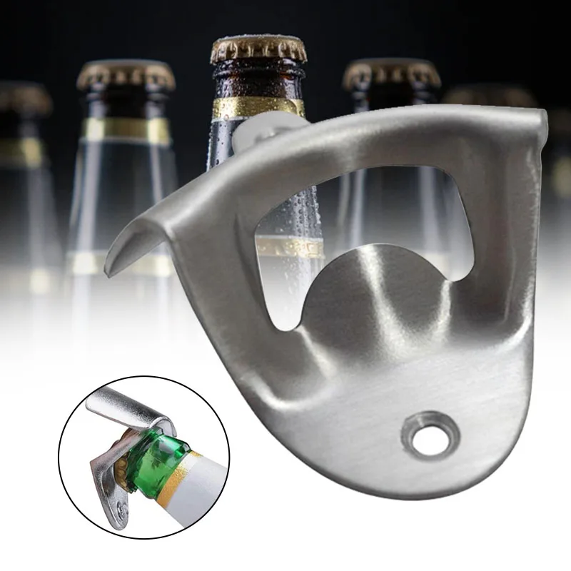 1 Pack Stainless Steel Iron Wall Mounted Hanging Mouth Gag Bar Beer Glass Bottle Cap Opener with Screws Gadgets Kitchen Tools