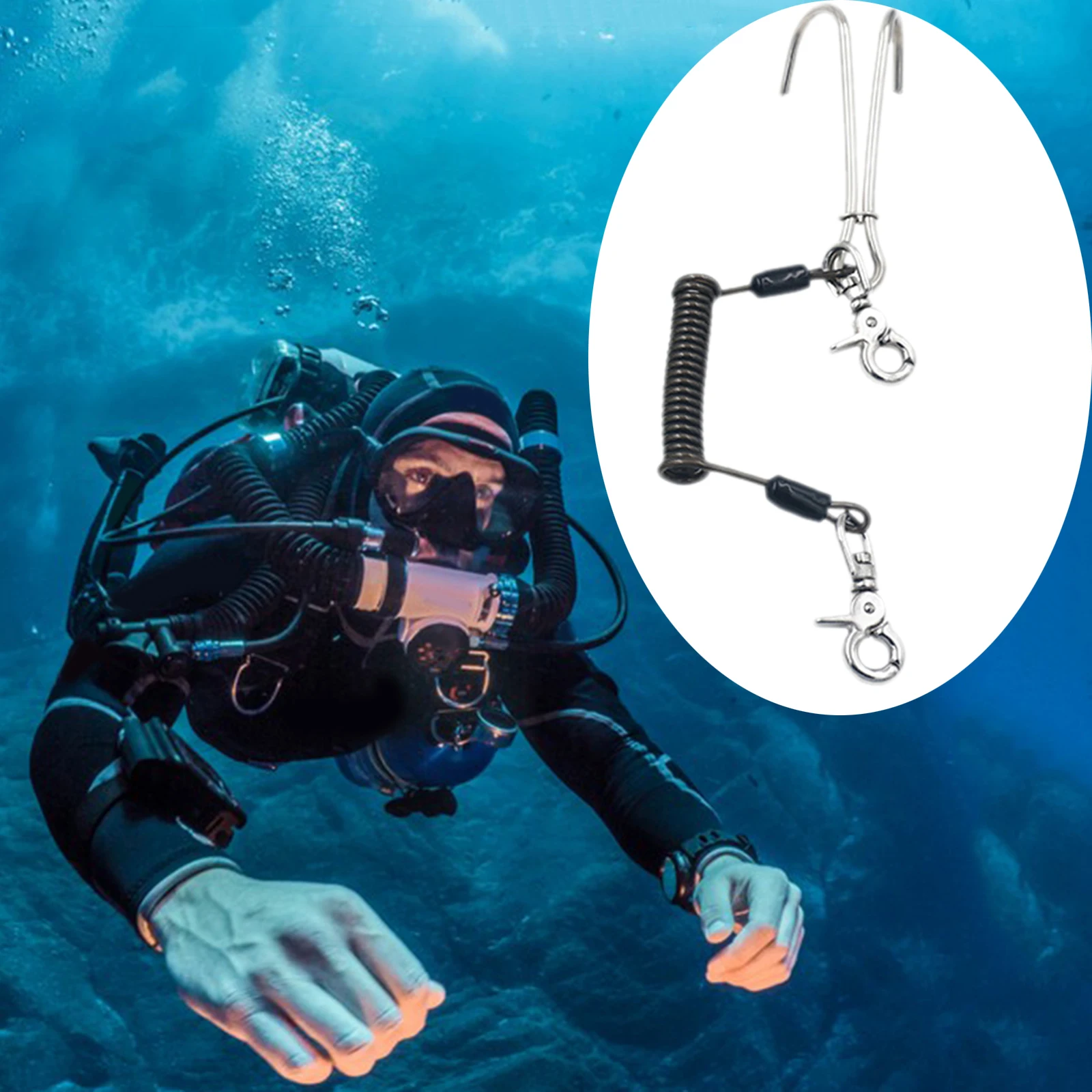 Stainless Steel Dual Hook Reef  Hook Scuba Diving with Spiral Coil Lanyard Quick Release for Cave Dive