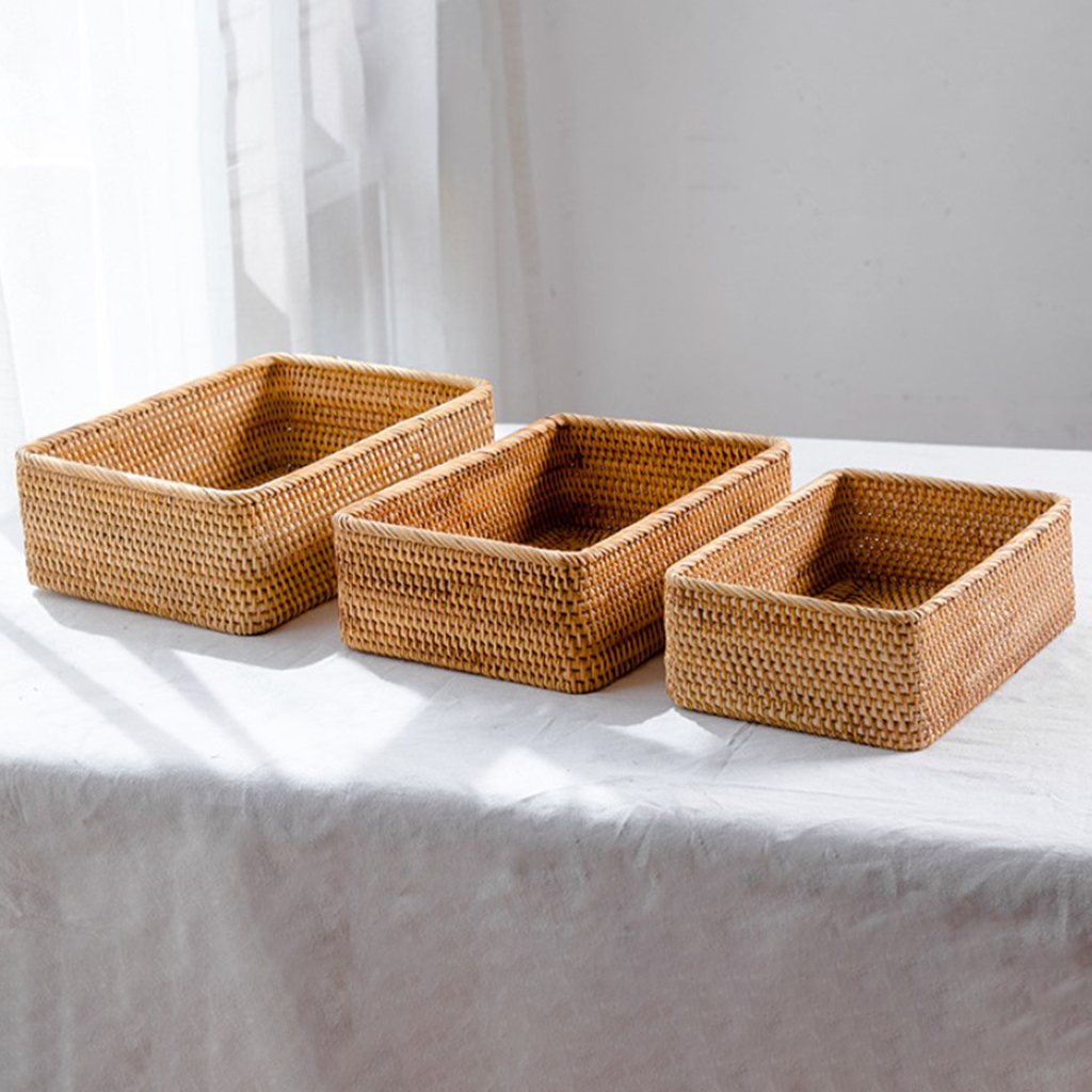 Rectangle Handwoven Bread Basket Wicker Serving Tray Tea Flower Drinks Snack Coffee Table Setting