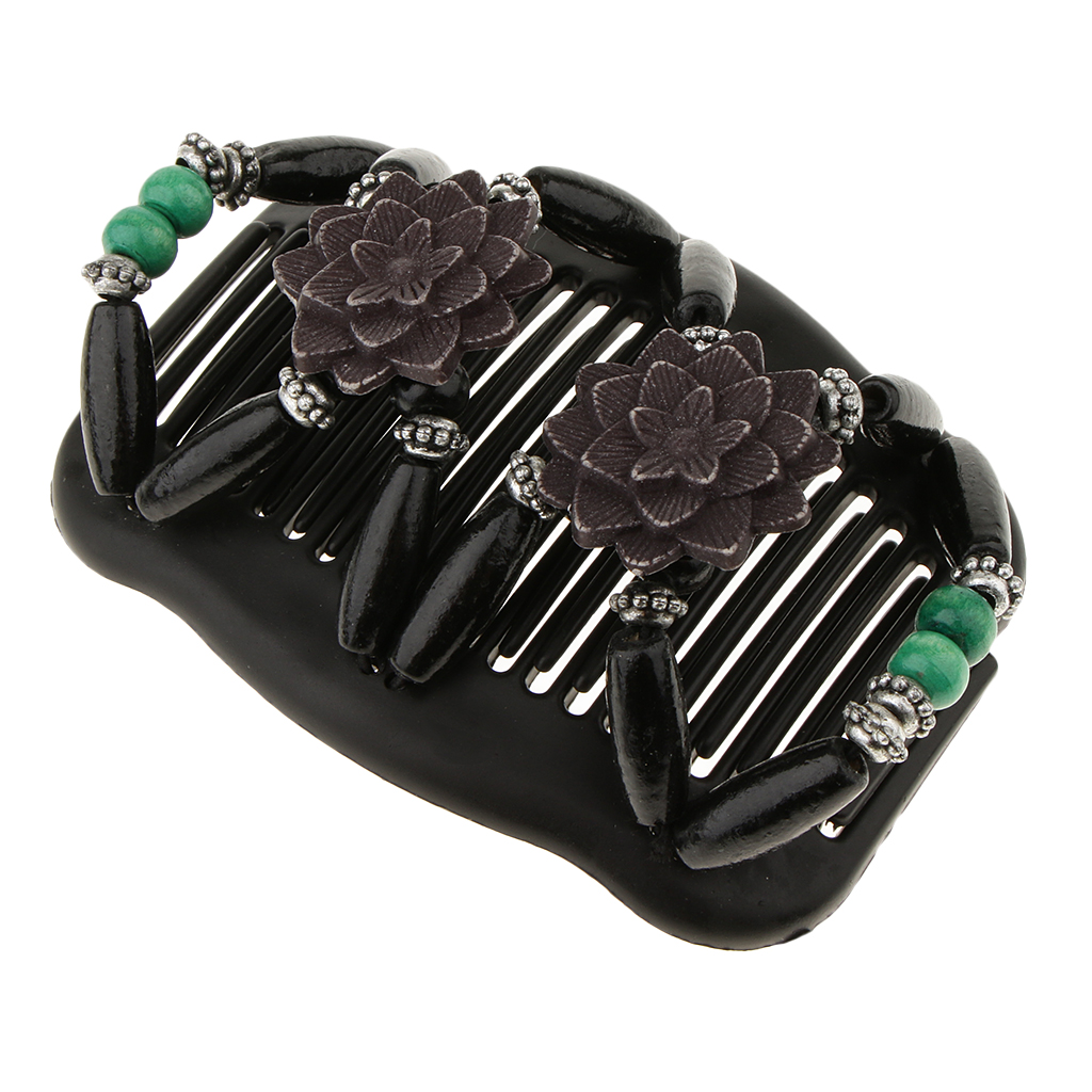 Magic Wood Beaded Double Hair Comb Clip Floral Design Stretchy Women Ladies Hair Stying Accessory