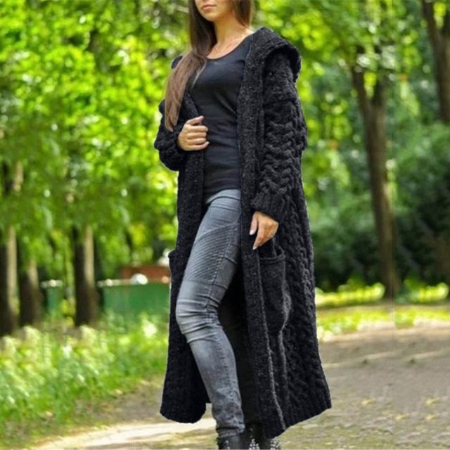 Long Hooded Cardigan Women Solid Color Braid Knit Overcoat Loose Ladies Sweaters outlet Coat Plus