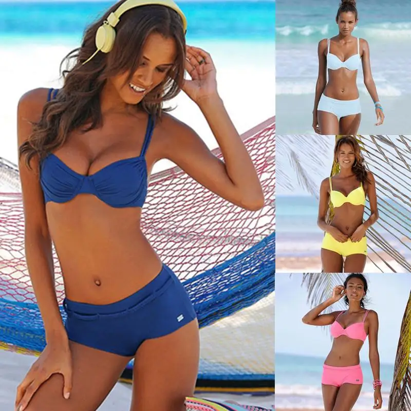 Uitputting Ver weg wekelijks Seperate Bikini Set Boxer Push Up Bra Solid Color Bathing Suit Women  Vintage Beach Wear 2 Peices|Bikini Set| - AliExpress
